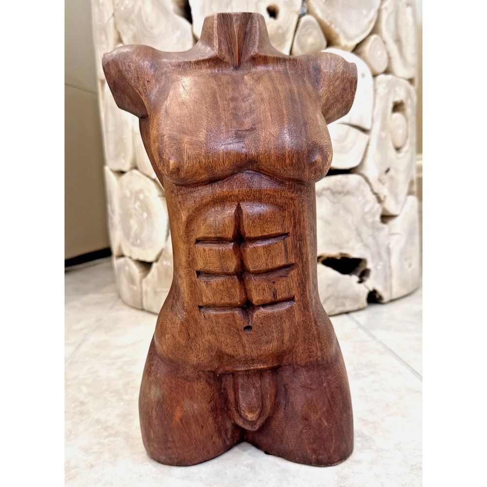 Vintage Hand Carved Wooden Male Torso Sculpture Muscular Man Statue 15 Inch